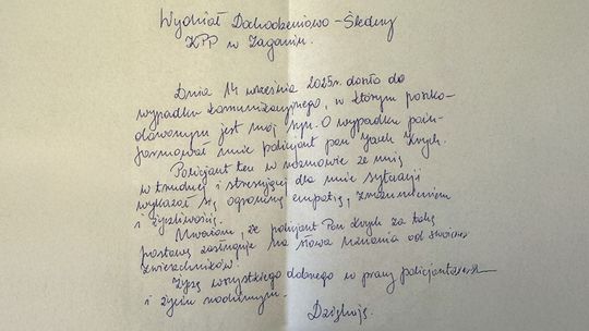 Pełen wdzięczności list do  żagańskiego policjanta