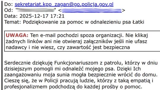 Podziękowania dla policjantów z Żagania za odnalezienie pieska