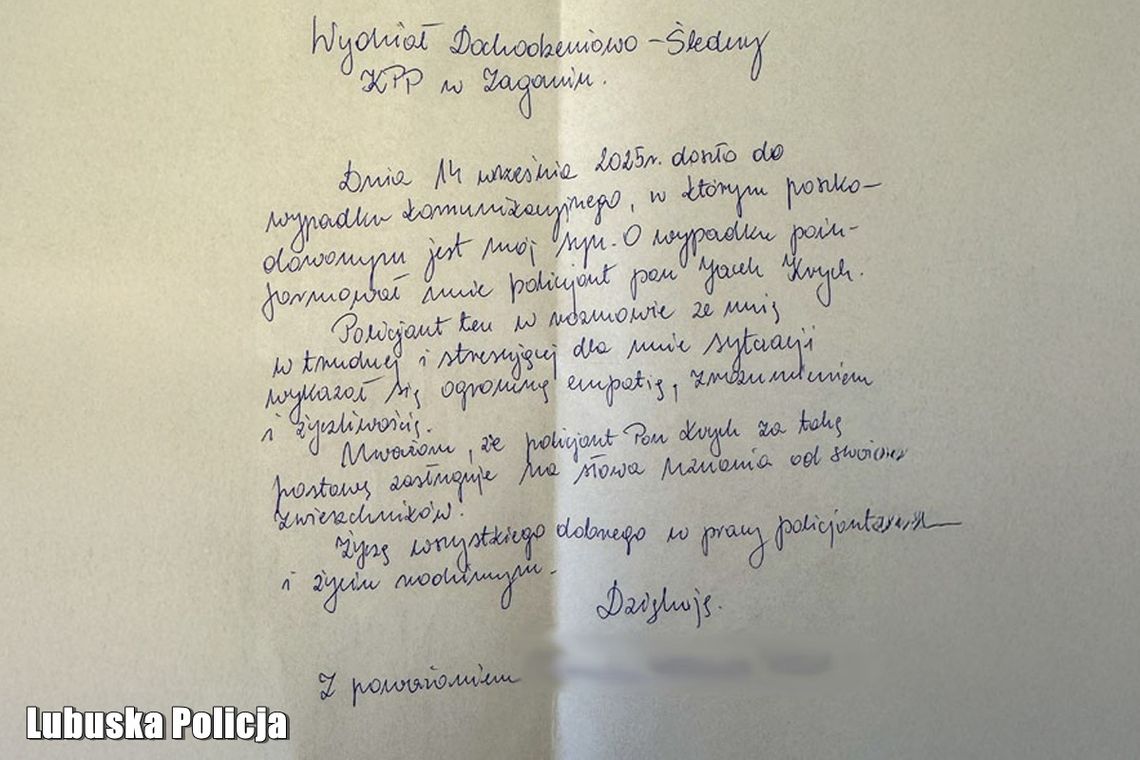 Pełen wdzięczności list do  żagańskiego policjanta