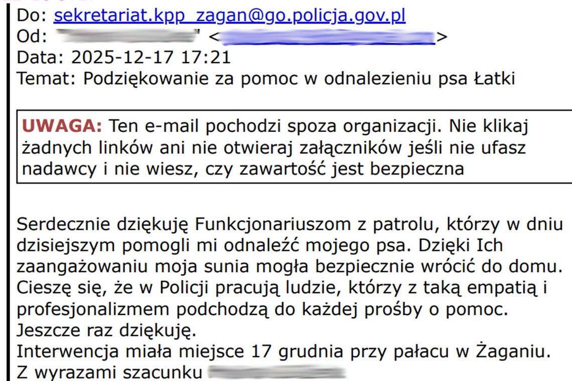 Podziękowania dla policjantów z Żagania za odnalezienie pieska