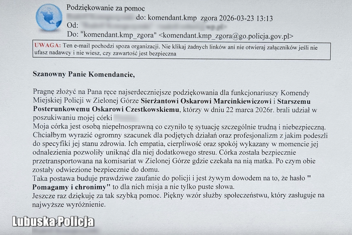 Wzruszający list do policji w Zielonej Górze